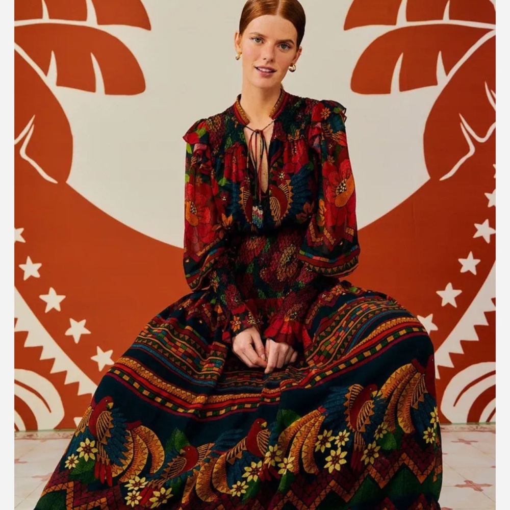 FARM Rio Red and Black Long Sleeve Gown with Bishop Sleeves